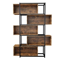 Wood Carving Brown5 Tiers Bookshelf with Steel Tubes Freestanding Bookcase Recessed Shelves Multifunctional Storage Display Rack