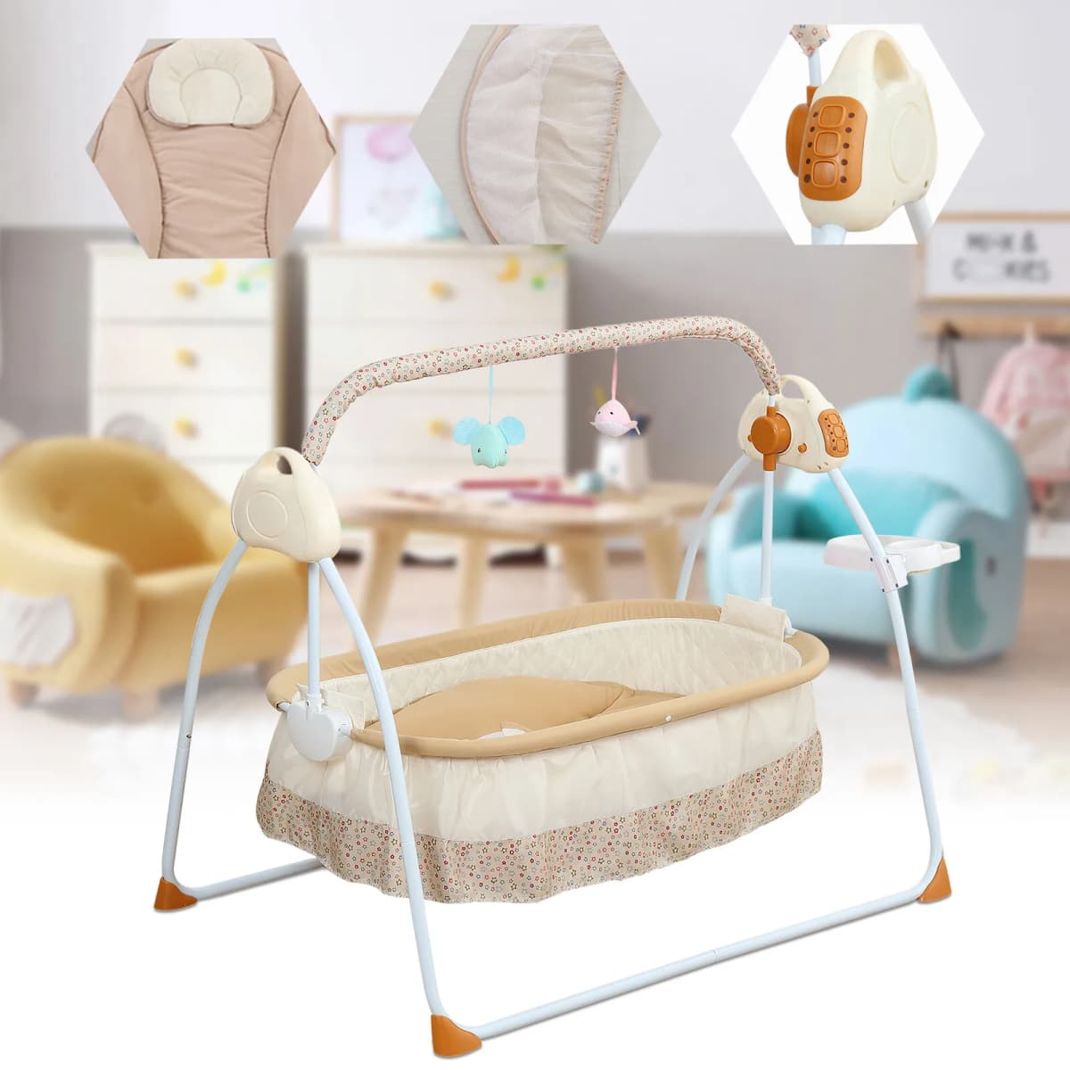 Baby Cradle Swing Electric 5 Gears 55LBS Load 0-18 Months Foldable Bluetooth Music Timing for Newborn ABS Steel Pipe