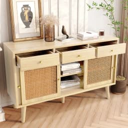 Oak Chest of Drawers with Rattan Doors 3 Drawers 3 Sliding Doors Golden Handles Adjustable Shelves Premium Quality