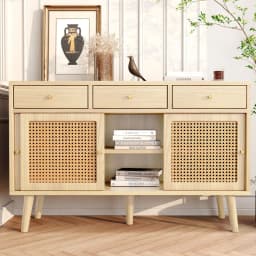 Oak Chest of Drawers with Rattan Doors 3 Drawers 3 Sliding Doors Golden Handles Adjustable Shelves Premium Quality
