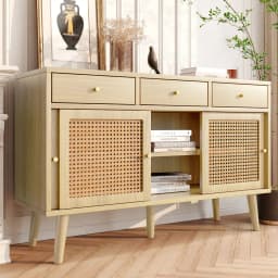Oak Chest of Drawers with Rattan Doors 3 Drawers 3 Sliding Doors Golden Handles Adjustable Shelves Premium Quality