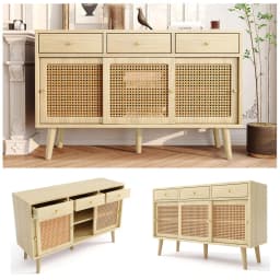 Oak Chest of Drawers with Rattan Doors 3 Drawers 3 Sliding Doors Golden Handles Adjustable Shelves Premium Quality