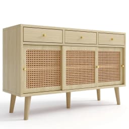 Oak Chest of Drawers with Rattan Doors 3 Drawers 3 Sliding Doors Golden Handles Adjustable Shelves Premium Quality