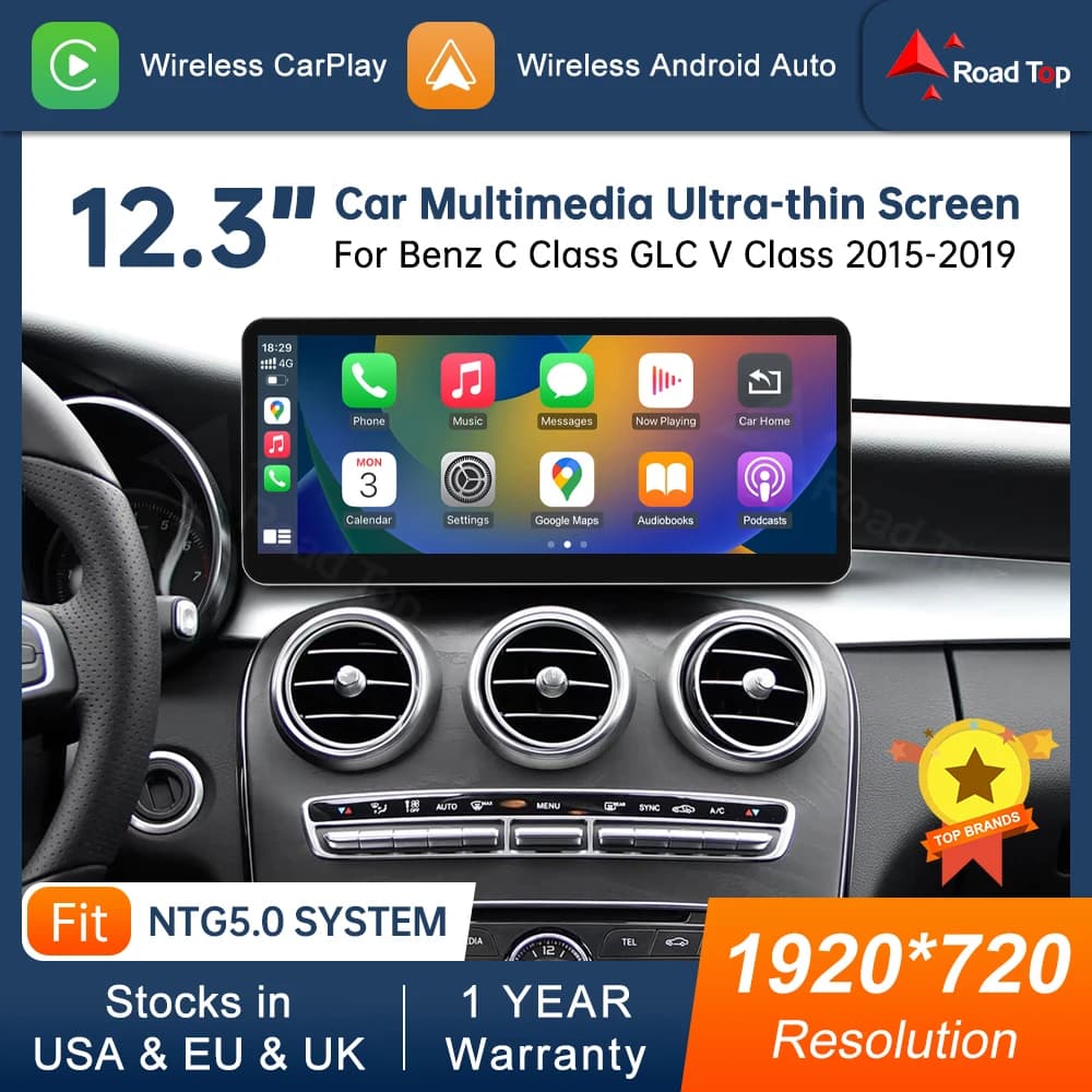 Multimedia Display For Benz C Class W205 GLC V Class W447 2015-2019 NTG5.0 Touch Screen Wireless Carplay Navigation Android Auto