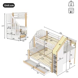 Bunk Bed 90x200cm +140x200cm with Bed Grid Storage Guide House Rail & 2 Drawers-Irregular Fence Design ( Without Mattress )