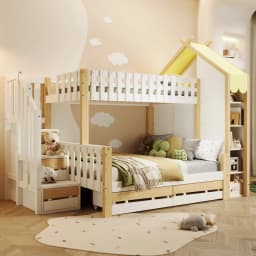 Bunk Bed 90x200cm +140x200cm with Bed Grid Storage Guide House Rail & 2 Drawers-Irregular Fence Design ( Without Mattress )