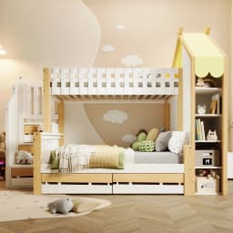 Bunk Bed 90x200cm +140x200cm with Bed Grid Storage Guide House Rail & 2 Drawers-Irregular Fence Design ( Without Mattress )