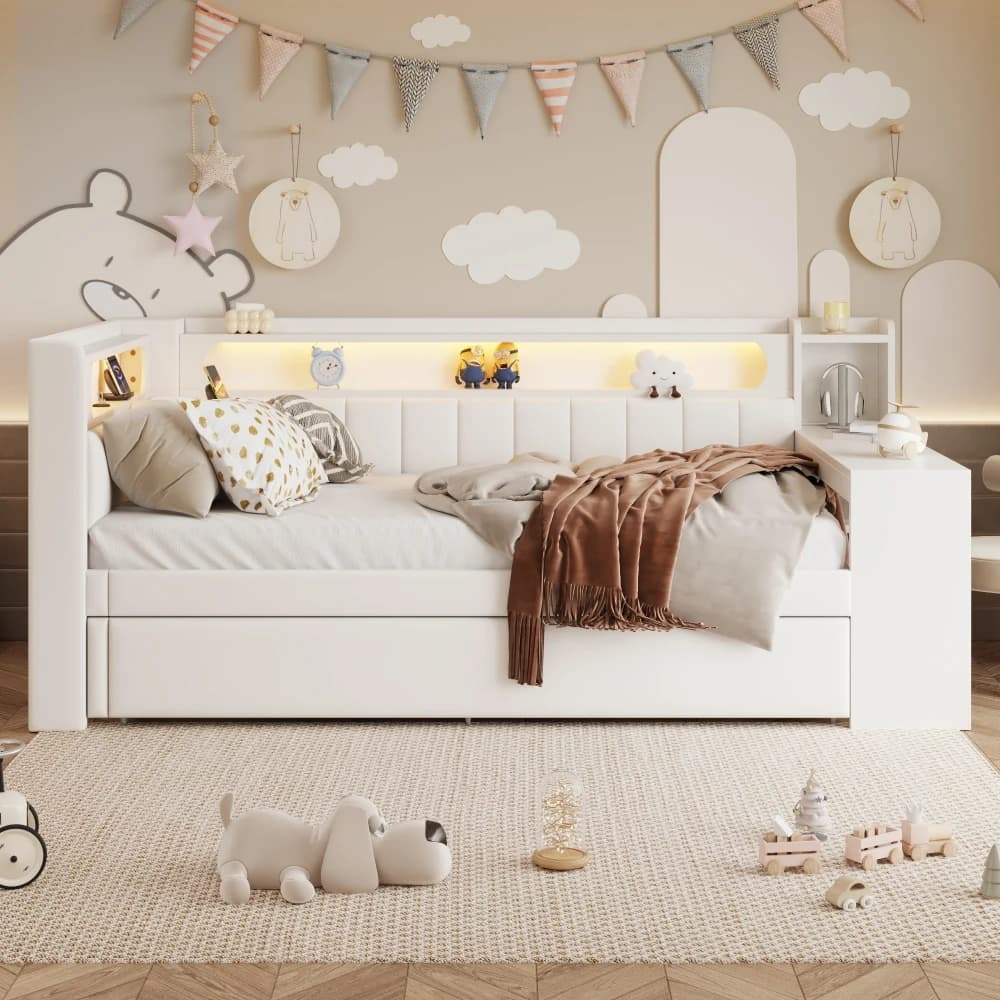 Upholstered Daybed with Pull-Out Bed & Desk Multifunctional Sofa Bed with USB Ports and LED Light Strip Without Mattress
