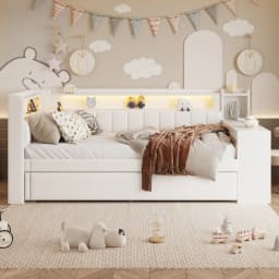 Upholstered Daybed with Pull-Out Bed & Desk Multifunctional Sofa Bed with USB Ports and LED Light Strip Without Mattress