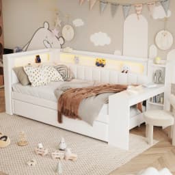 Upholstered Daybed with Pull-Out Bed & Desk Multifunctional Sofa Bed with USB Ports and LED Light Strip Without Mattress