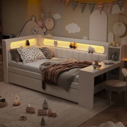 Upholstered Daybed with Pull-Out Bed & Desk Multifunctional Sofa Bed with USB Ports and LED Light Strip Without Mattress