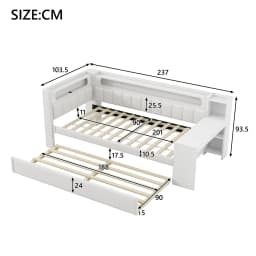 Upholstered Daybed with Pull-Out Bed & Desk Multifunctional Sofa Bed with USB Ports and LED Light Strip Without Mattress
