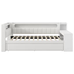 Upholstered Daybed with Pull-Out Bed & Desk Multifunctional Sofa Bed with USB Ports and LED Light Strip Without Mattress