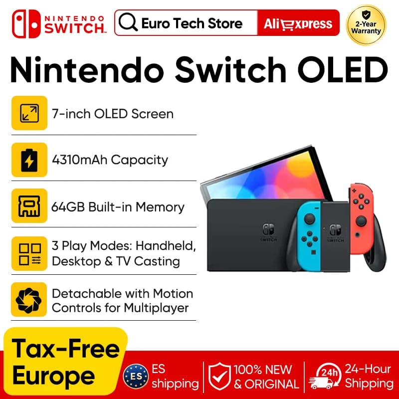 Nintendo Switch OLED Game Console with white or neon (64GB) 7 inch OLED screen enhanced Audio LAN port with cable