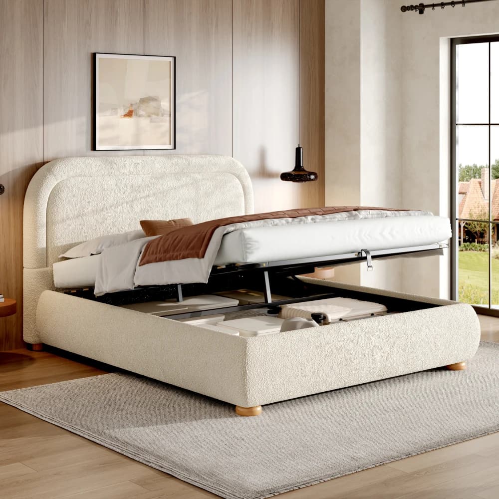 Curly Fabric Bunk Bed Modern Double Bed Hydraulic Adjustable Slatted Base Upholstered Headboard Multifunctional Bedroom Storage
