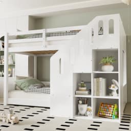 90*200cm Children's Bunk Bed, Double Bed, Multifunctional Cot, with Stairs and Lockers, Stable Railing, Without Mattress, White