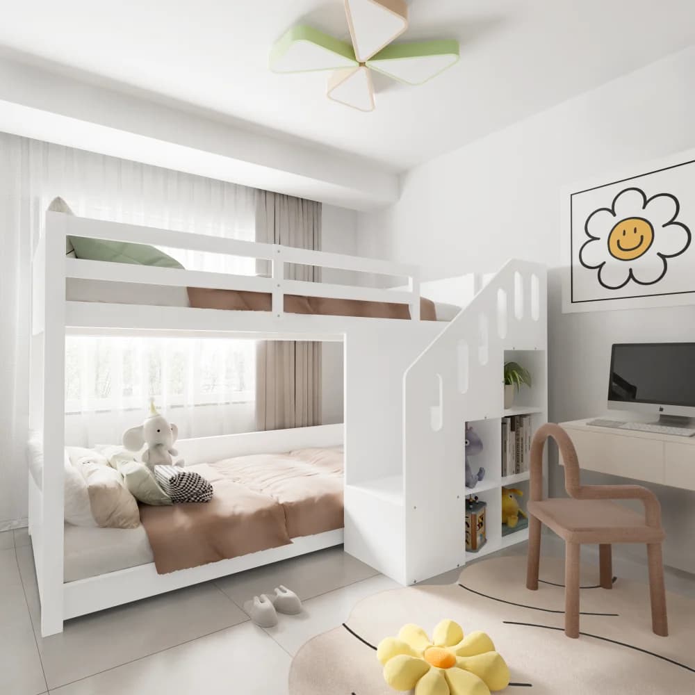 90*200cm Children's Bunk Bed, Double Bed, Multifunctional Cot, with Stairs and Lockers, Stable Railing, Without Mattress, White