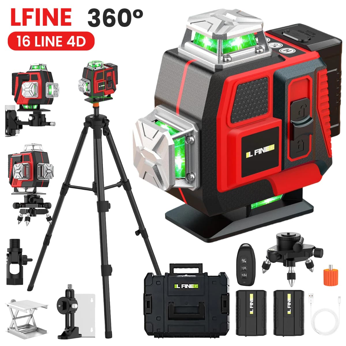 16 Line 4D Laser Level Four Lasers Emit 360° Horizontal & Vertical Laser Lines Professional Laser Leveling Tool for Construction