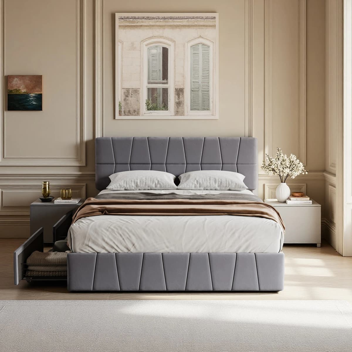 Superaly 160x200cm Upholstered Bed, Double Bed with 4 Drawers, Storage Bed with Headboard, Velvet, Grey