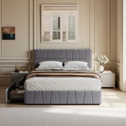 Superaly 160x200cm Upholstered Bed, Double Bed with 4 Drawers, Storage Bed with Headboard, Velvet, Grey