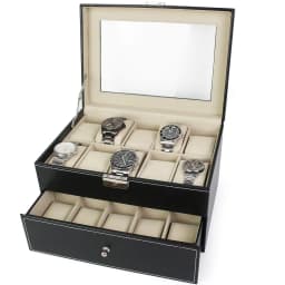 Watches Box with 20 Compartments, Display Stand/Case/Storage Box for 20 Watches, Metal Hinge, PU Leather, High-Glass Top, Black Beige