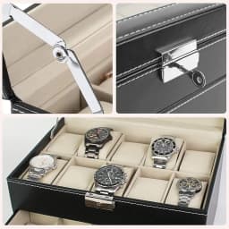 Watches Box with 20 Compartments, Display Stand/Case/Storage Box for 20 Watches, Metal Hinge, PU Leather, High-Glass Top, Black Beige
