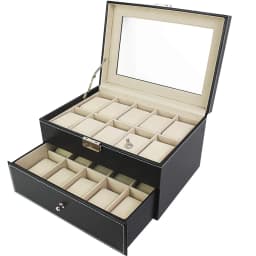 Watches Box with 20 Compartments, Display Stand/Case/Storage Box for 20 Watches, Metal Hinge, PU Leather, High-Glass Top, Black Beige