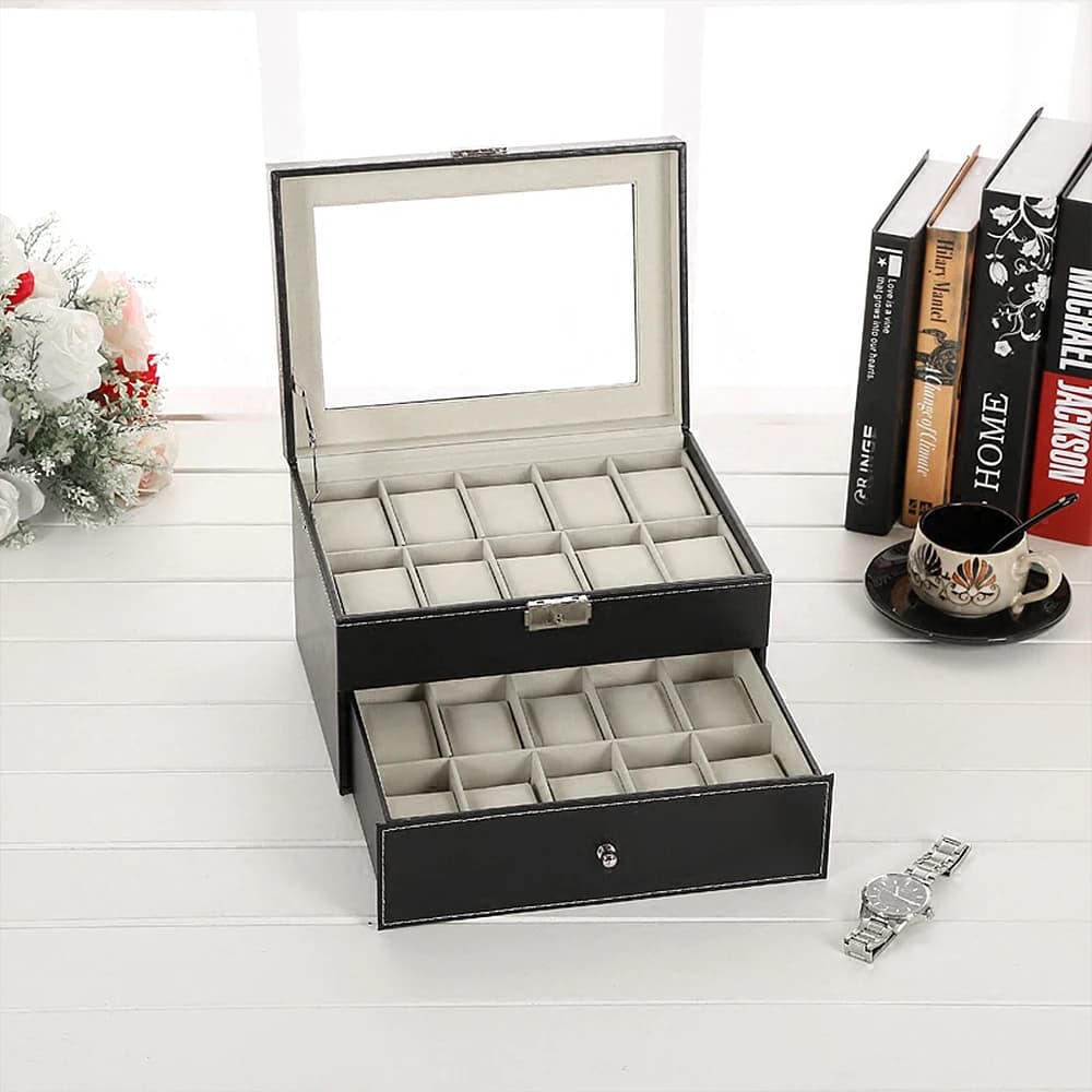 Watches Box with 20 Compartments, Display Stand/Case/Storage Box for 20 Watches, Metal Hinge, PU Leather, High-Glass Top, Black Beige