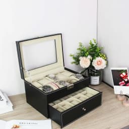 Watches Box with 20 Compartments, Display Stand/Case/Storage Box for 20 Watches, Metal Hinge, PU Leather, High-Glass Top, Black Beige