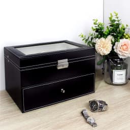 Watches Box with 20 Compartments, Display Stand/Case/Storage Box for 20 Watches, Metal Hinge, PU Leather, High-Glass Top, Black Beige