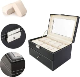 Watches Box with 20 Compartments, Display Stand/Case/Storage Box for 20 Watches, Metal Hinge, PU Leather, High-Glass Top, Black Beige