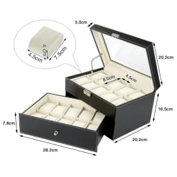 Watches Box with 20 Compartments, Display Stand/Case/Storage Box for 20 Watches, Metal Hinge, PU Leather, High-Glass Top, Black Beige