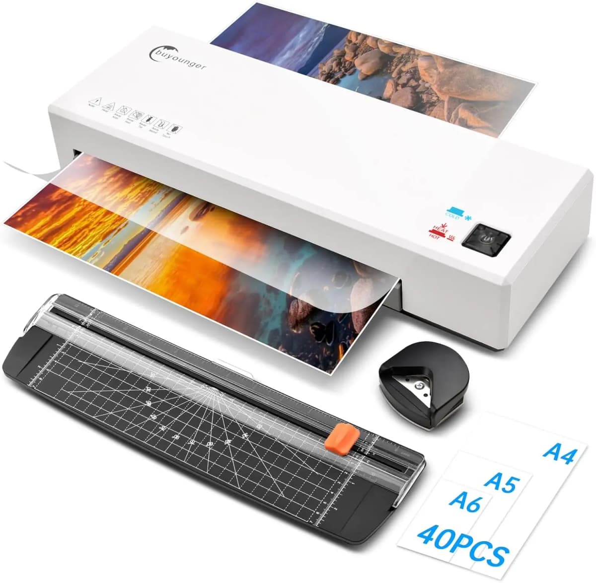 Laminator, Laminator Machine with Hot and Cold Settings and 40 Pouches, 4 in 1 A4 laminator with Paper Trimmer and Corner Round