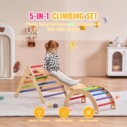 SucceBuy Pikler Triangle Set 5 in 1 Toddler Climbing Toys Indoor Playground Toddlers 1-3 Years Large Size Wooden Climbing Set