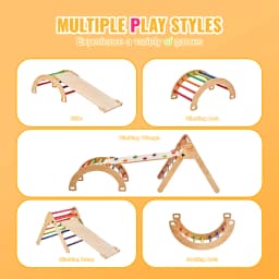 SucceBuy Pikler Triangle Set 5 in 1 Toddler Climbing Toys Indoor Playground Toddlers 1-3 Years Large Size Wooden Climbing Set