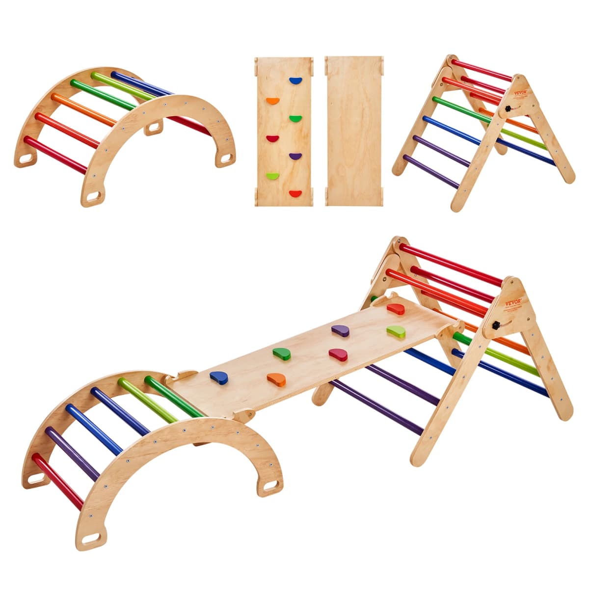 SucceBuy Pikler Triangle Set 5 in 1 Toddler Climbing Toys Indoor Playground Toddlers 1-3 Years Large Size Wooden Climbing Set