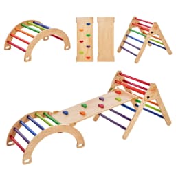 SucceBuy Pikler Triangle Set 5 in 1 Toddler Climbing Toys Indoor Playground Toddlers 1-3 Years Large Size Wooden Climbing Set