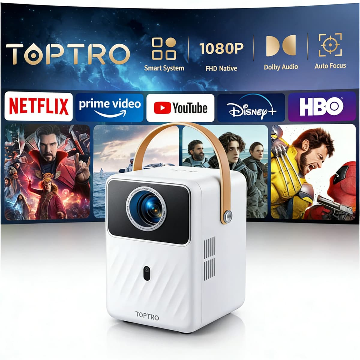 TOPTRO Projector Android 9.0 1080P 380ANSI Portable Projetor 1280*720P Auto Keystone Electric Focus Built-in Battery Home Cinema