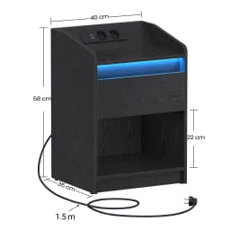 Hzuaneri Bedside Table with LED Light, Bedside Cabinet with Charging Station, 1 Storage Drawer Nightstand for Bedroom