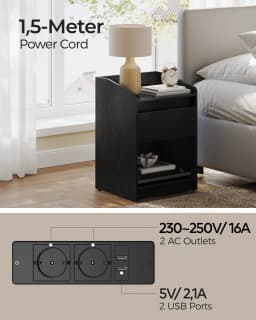 Hzuaneri Bedside Table with LED Light, Bedside Cabinet with Charging Station, 1 Storage Drawer Nightstand for Bedroom