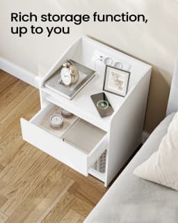 Hzuaneri Bedside Table with LED Light, Bedside Cabinet with Charging Station, 1 Storage Drawer Nightstand for Bedroom