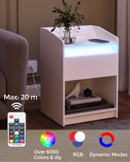 Hzuaneri Bedside Table with LED Light, Bedside Cabinet with Charging Station, 1 Storage Drawer Nightstand for Bedroom