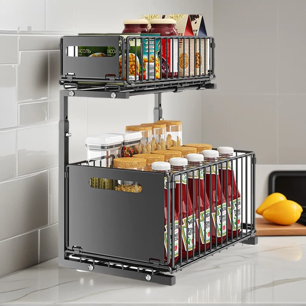 2 Tier Pull Out Cabinet Organizer Kitchen Storage Rack Under Sink Organizer Spice Jar Storage Rack Slide Out Drawer