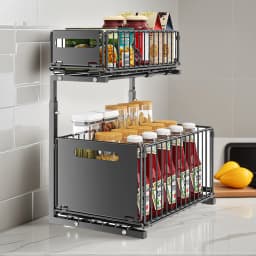 2 Tier Pull Out Cabinet Organizer Kitchen Storage Rack Under Sink Organizer Spice Jar Storage Rack Slide Out Drawer