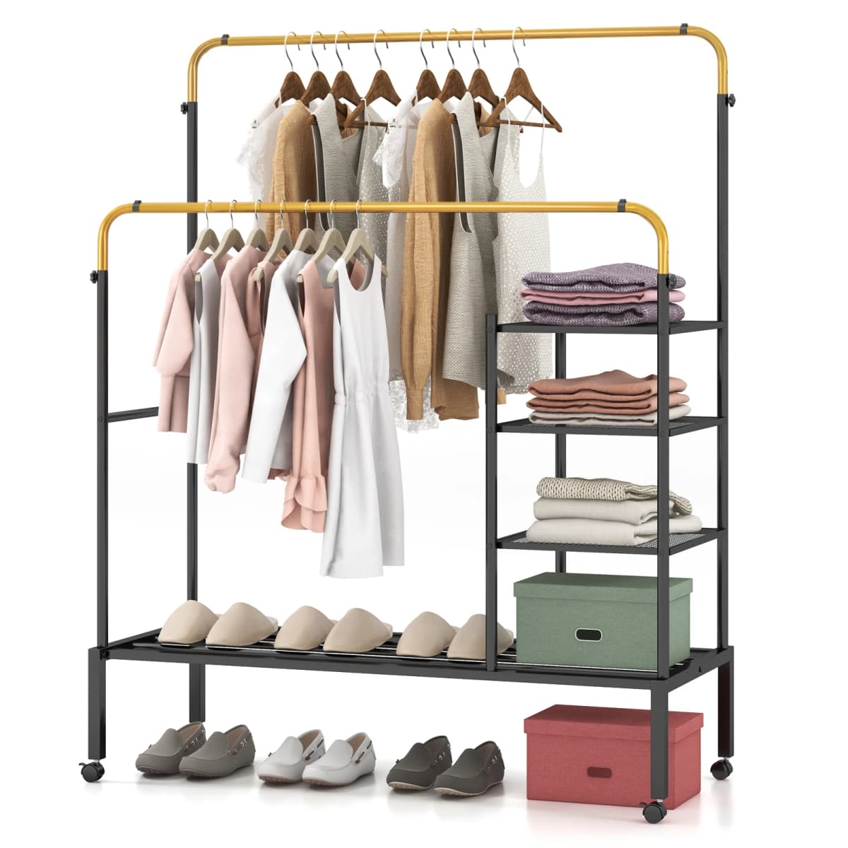 Dresses stand with 2 dresses rods, laundry stand on castors, coat rack stand height adjustable with 3 layers side tracks