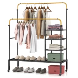 Dresses stand with 2 dresses rods, laundry stand on castors, coat rack stand height adjustable with 3 layers side tracks