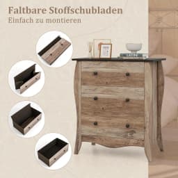 Chest of Drawers with 3 Drawers, Country House Style Sideboard with Folding Fabric Drawers, Wooden Storage Cabinet