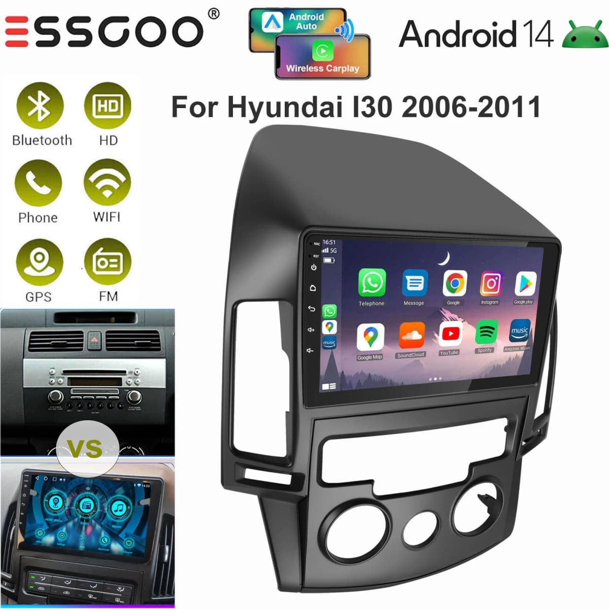 ESSGOO Android14 9" Apple Carplay Android auto For Hyundai I30 2006-2011 Car Stereo RADIO GPS Nav WIFI SWC FM BT Mirror link USB