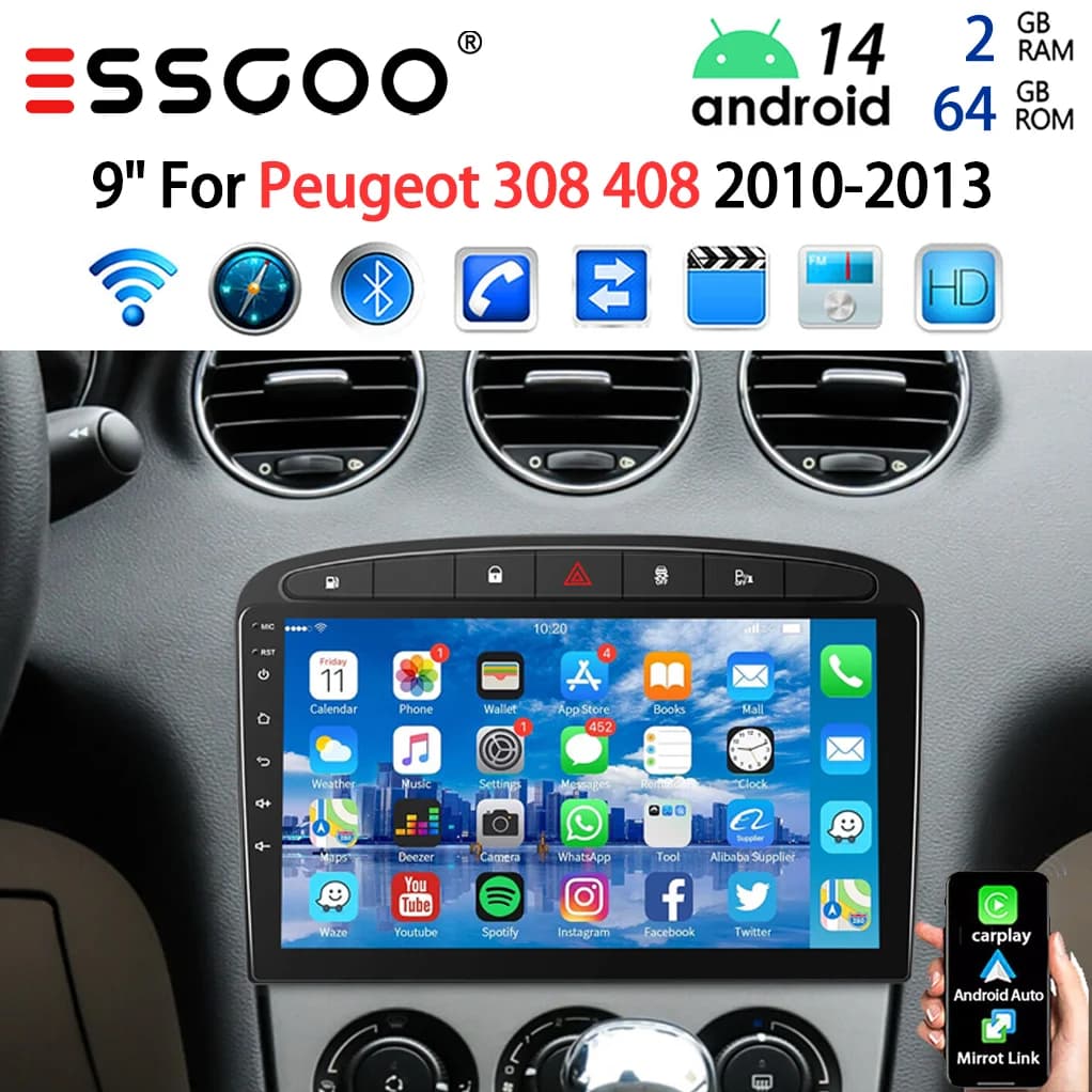 ESSGOO Android 14 Car Stereo Multimedia Player Radio 9" For Peugeot 408 308 2007-13 Carplay Android Auto GPS Navi Wifi RDS SWC