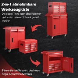 2 in 1 Workshop Trolley with Case & 8 Compartments & Hooks & Adjustable Shelf, Tool Trolley Lockable on Wheels without Tools
